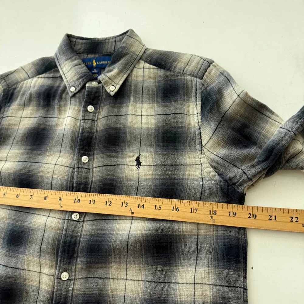 Ralph Lauren Boys XL 18-20 Grey Black Plaid Lightweight Flannel Shirt Pony Logo